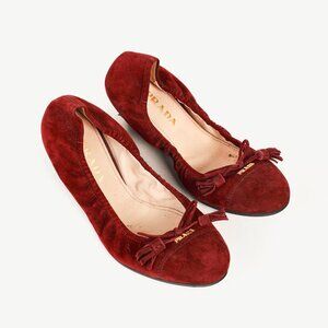 Prada Burgundy Suede Tassel-Bow Scrunch Ballet Flat